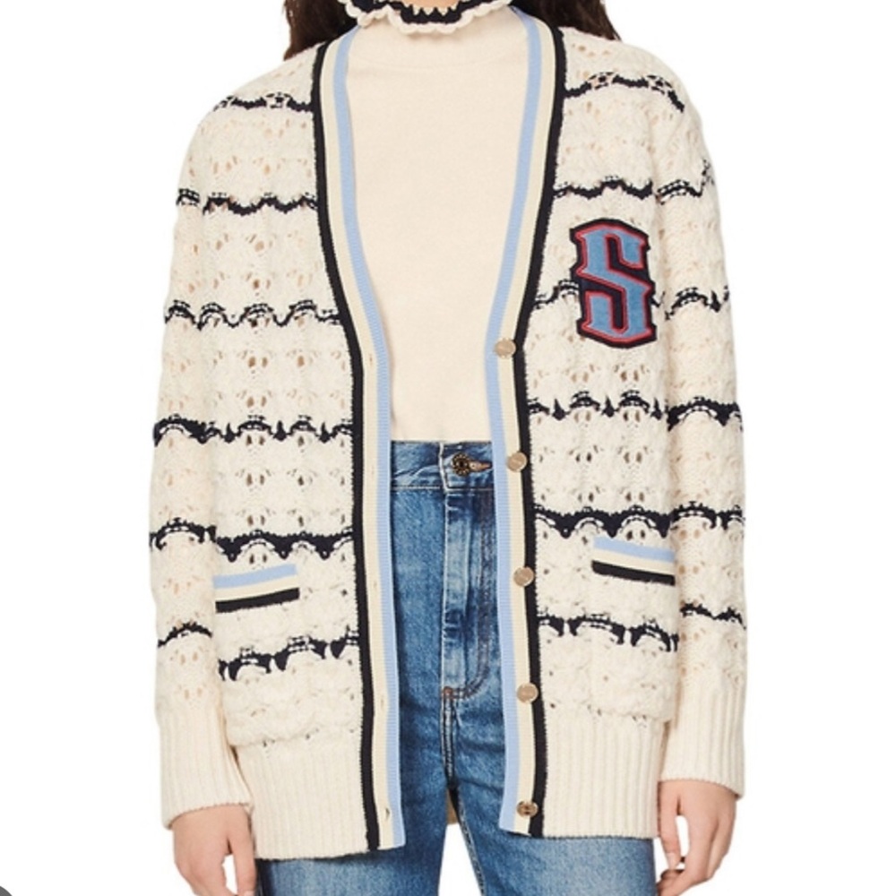 Sandro Ludvik Crocheted Logo “S” Patch Oversized Cardigan Size 12UK/US Medium